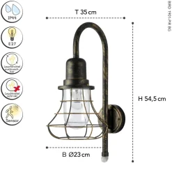 Outlet Eco-Light Außenwandlampe Metall Retro IP44 H:54,4 cm Braun-Gold