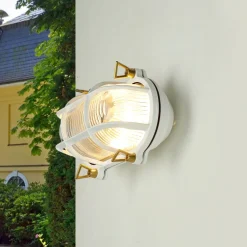 Lido Außenwandleuchte Messing Riffelglas Maritim Weiß* Rustikale Lampen|Metall Lampen