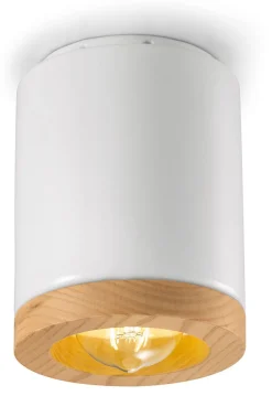 Ferroluce Aufputz Deckenspot Keramik Holz E27 Ø 12,5 cm klein Weiß* Wohnzimmerlampen|Holzlampen