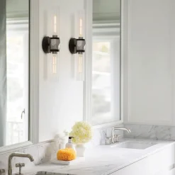 Online Elstead Badezimmerleuchte Metall Glas B: 56,5 cm IP44 E27 2-flammig