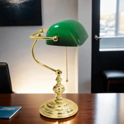 Clearance Giovanni Battista Bankerlampe 39 cm E27 Messing Glas Zugschalter Grün