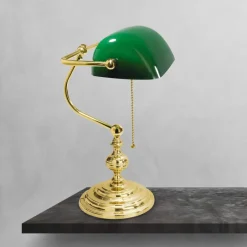 Clearance Giovanni Battista Bankerlampe 39 cm E27 Messing Glas Zugschalter Grün