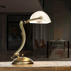 Giovanni Battista Bankerlampe Bronze aus Messing mit Schirm Weiß* Schreibtischlampen|Glaslampen
