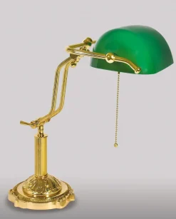 Giovanni Battista Bankerlampe Grün Echt-Messing mit Zugschalter* Tischlampen|Bürolampen