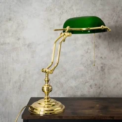 Sale Giovanni Battista Bankerlampe Zugschalter 38 cm E27 Messing Glas Grün