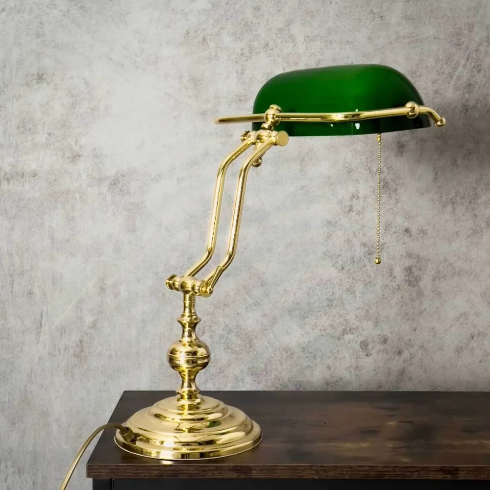 Sale Giovanni Battista Bankerlampe Zugschalter 38 cm E27 Messing Glas Grün