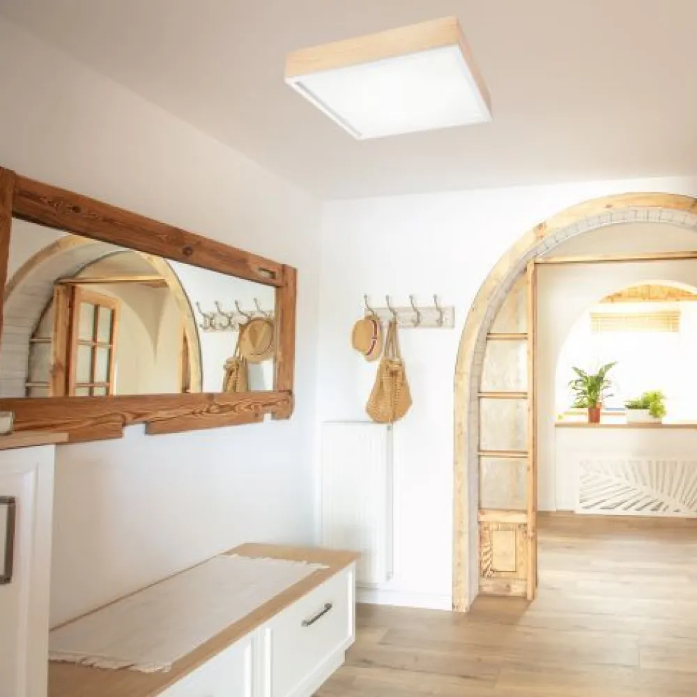 Lamkur Blendarme Deckenleuchte Glas Holz Pinie E27 L:48 cm* Wohnzimmerlampen|Glaslampen