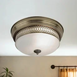 Searchlight Deckenlampe Badezimmer Ø 35 cm IP44 Messing Antik Weiß 2x E27* Glaslampen|Rustikale Lampen