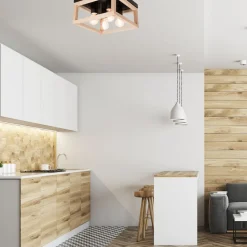 Clearance Lamkur Deckenlampe eckig Schwarz Natur Holz Metall B: 30 cm