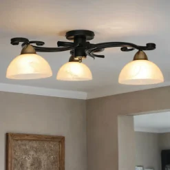 Luminex Deckenlampe Glas Metall Schwarz Weiß Messing 3-flammig* Glaslampen|Metall Lampen