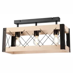 Lamkur Deckenlampe Holz Metall Rustikal 3-flammig E27 Schwarz Natur* Deckenleuchten|Bürolampen