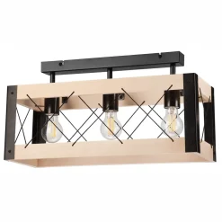Lamkur Deckenlampe Holz Metall Rustikal 3-flammig E27 Schwarz Natur* Deckenleuchten|Bürolampen