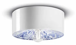 Ferroluce Deckenlampe Keramik rund Ø 25 cm Weiß Blau E27 Retro* Wohnzimmerlampen|Keramiklampen