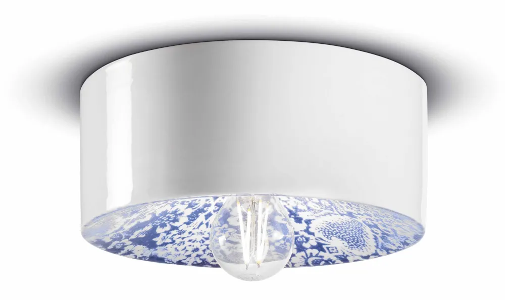 Ferroluce Deckenlampe Keramik rund Ø 25 cm Weiß Blau E27 Retro* Wohnzimmerlampen|Keramiklampen