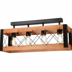Lamkur Deckenlampe Rustikal Holz Metall 4x E27 63 cm lang Schwarz* Deckenleuchten|Bürolampen