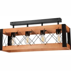 Lamkur Deckenlampe Rustikal Holz Metall 4x E27 63 cm lang Schwarz* Deckenleuchten|Bürolampen