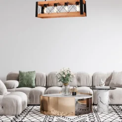 Lamkur Deckenlampe Rustikal Holz Metall 4x E27 63 cm lang Schwarz* Deckenleuchten|Bürolampen