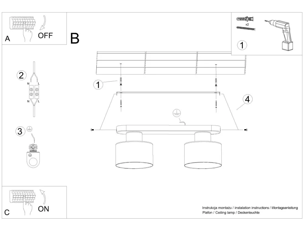 Sollux Deckenlampe Schwarz 34 cm lang Metall 2-flammig E27* Deckenleuchten|Flurlampen