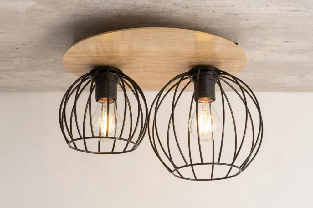 Sigma Deckenlampe Schwarz Natur E27 Metall Holz Wohnzimmer* Deckenleuchten|Flurlampen