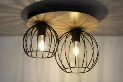 Sigma Deckenlampe Schwarz Natur E27 Metall Holz Wohnzimmer* Deckenleuchten|Flurlampen