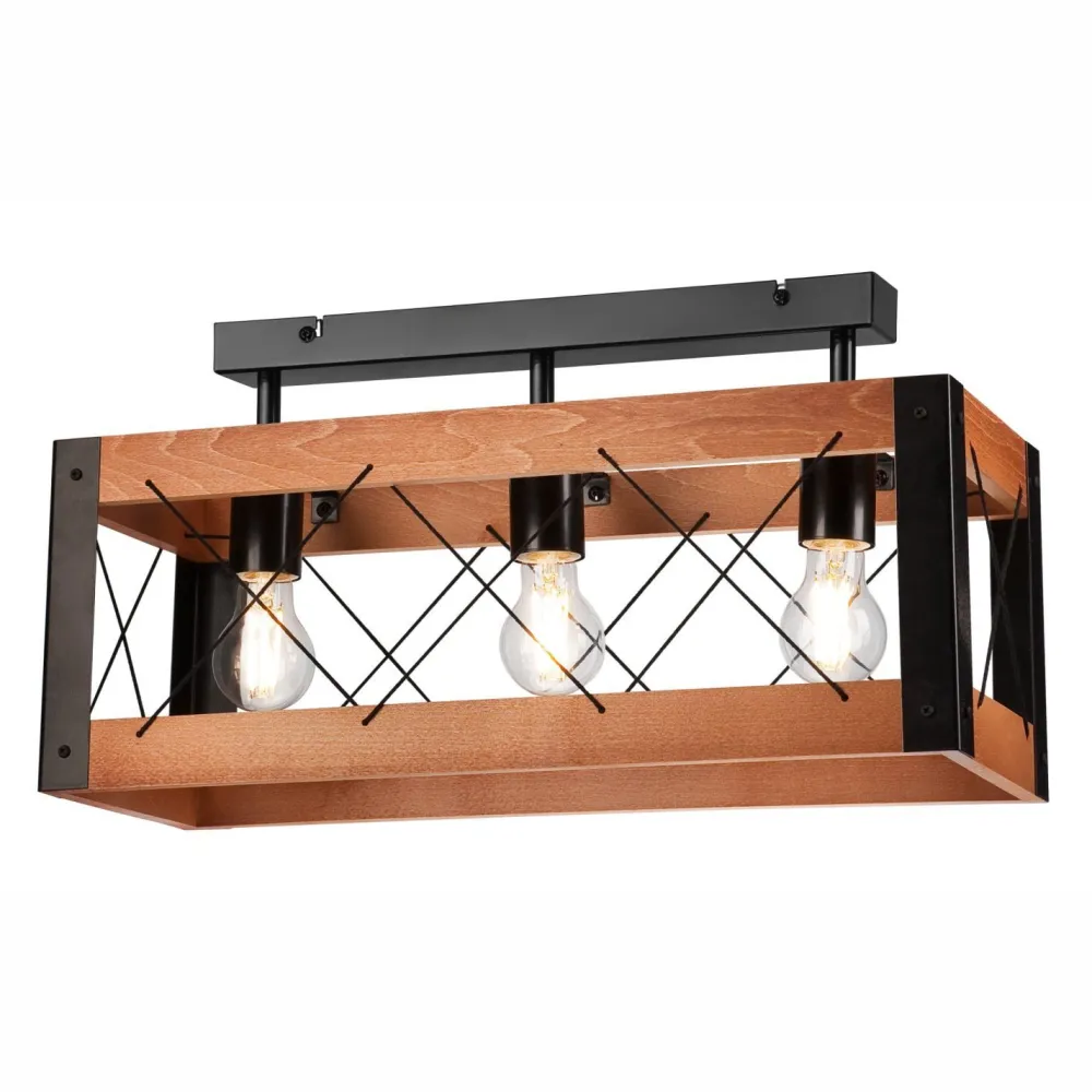 Sale Lamkur Deckenleuchte Holz Metall Rustikal L: 53 cm Schwarz 3x E27