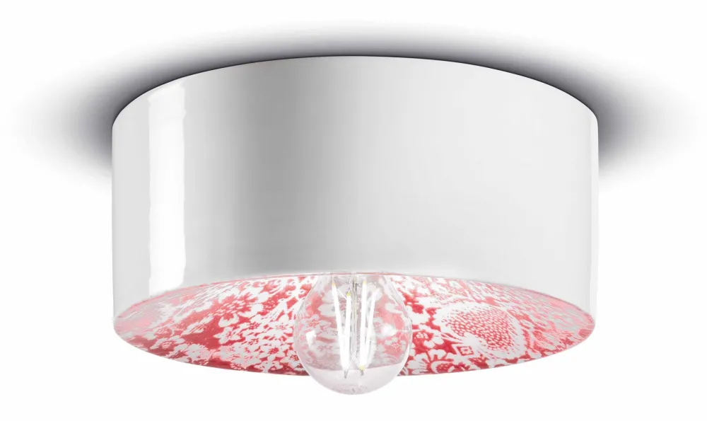 Ferroluce Deckenleuchte Keramik rund D: 25 cm Weiß Rot E27 Retro* Wohnzimmerlampen|Keramiklampen