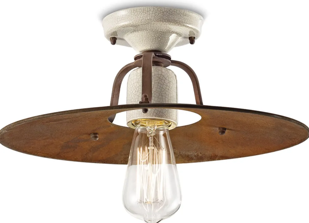 Ferroluce Deckenleuchte Metall D: 40 cm rund Creme Rostbraun E27* Wohnzimmerlampen|Keramiklampen