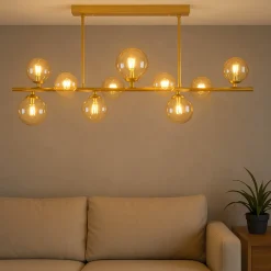 Novecento Deckenleuchte Rauchglas Metall 87 cm lang Creme Gold 10x G9* Glaslampen|Metall Lampen