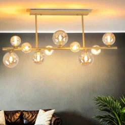 Novecento Deckenleuchte Rauchglas Metall 87 cm lang Creme Gold 10x G9* Glaslampen|Metall Lampen