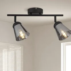 Searchlight Deckenleuchte Schwarz Grau B: 50 cm 2x E14 Rauchglas Metall* Flurlampen|Bürolampen