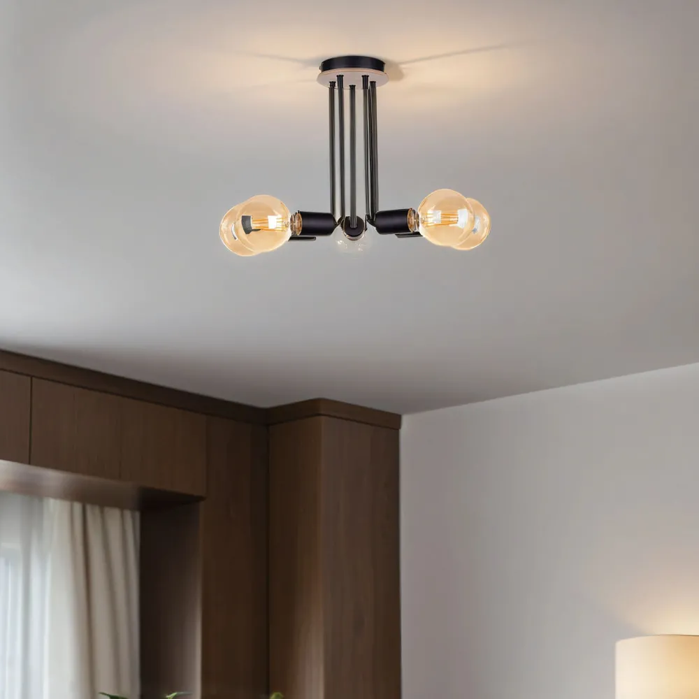 Keter Deckenleuchte Schwarz Metall Holz E27 5-flammig* Deckenleuchten|Wohnzimmerlampen