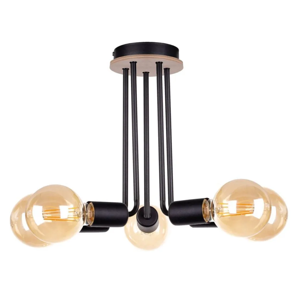 Keter Deckenleuchte Schwarz Metall Holz E27 5-flammig* Deckenleuchten|Wohnzimmerlampen