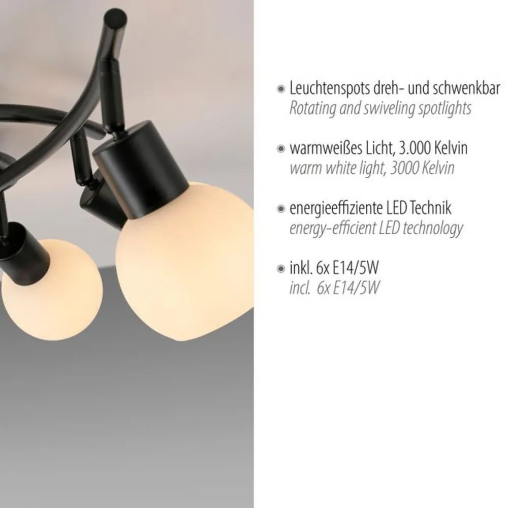 Just Light Deckenspot Glas Metall 6-flammig inkl E14 5 W flexibel* Flurlampen|Bürolampen