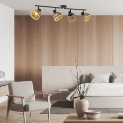 Searchlight Deckenspot Schwarz Natur B: 94 cm 4x E14 Holz Metall* Deckenleuchten|Flurlampen