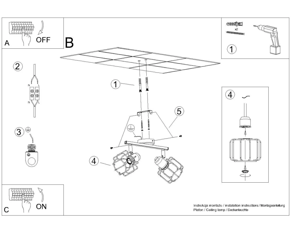 Sollux Deckenstrahöer Schwarz schwenkbar 2-flammig E14 Retro* Deckenleuchten|Flurlampen