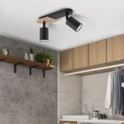 Sale TK Lighting Deckenstrahler 2-flammig Metall Holz Schwarz Natur 35 cm