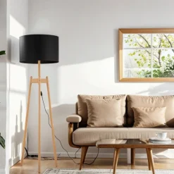 TK Lighting Dreibein Stehleuchte Holz Stoff 168 cm E27 Natur Schwarz* Lampen Aus Aller Welt|Stofflampen