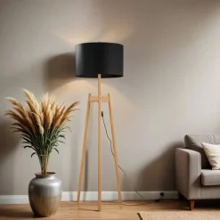 TK Lighting Dreibein Stehleuchte Holz Stoff 168 cm E27 Natur Schwarz* Lampen Aus Aller Welt|Stofflampen