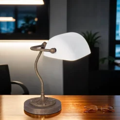 Giovanni Battista Exklusive Bankerlampe in Bronze Antik Weiß Echt-Messing* Tischlampen|Bürolampen