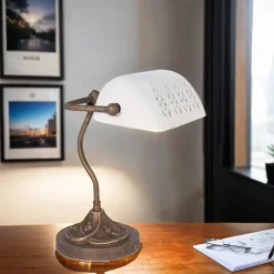 Giovanni Battista Exklusive Bankerlampe Messing in Bronze Antik Weiß* Tischlampen|Bürolampen