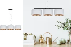 Belis Gemütliche Pendelleuchte Stoff Weiß Gold E27 3-flammig* Bürolampen|Esszimmer Lampen