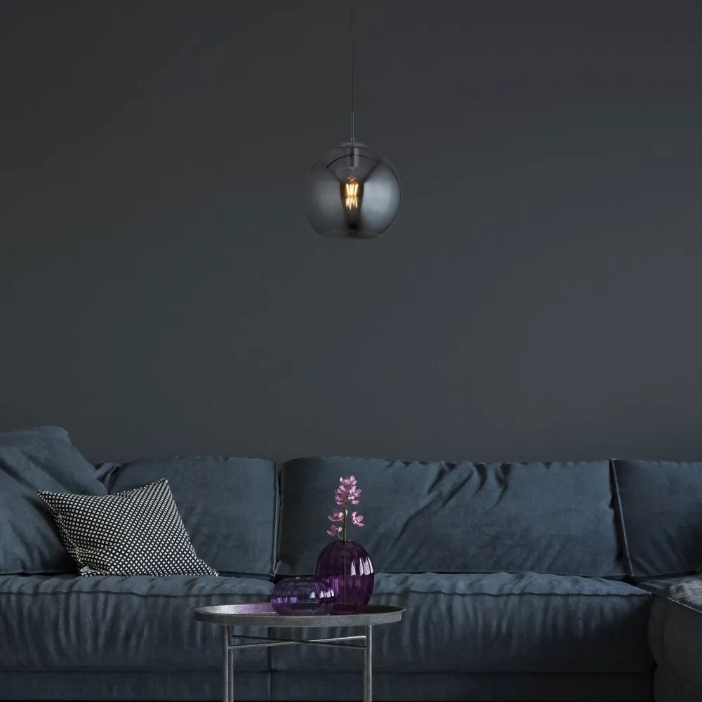 Discount Searchlight Hängelampe E27 D: 25 cm Chrom Rauchgrau Glas Metall