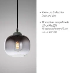 New Just Light Hängelampe Glasschirm Rauchgrau Schwarz E27 Ø19 cm rund
