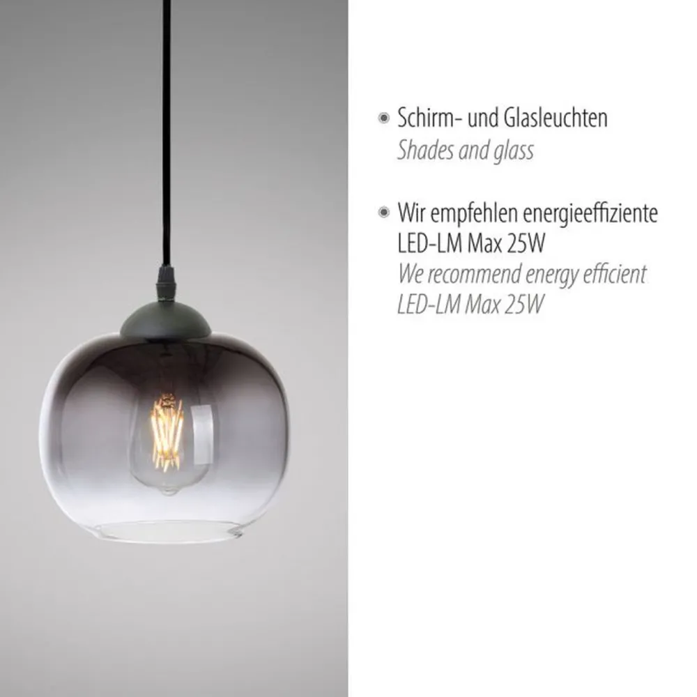 New Just Light Hängelampe Glasschirm Rauchgrau Schwarz E27 Ø19 cm rund