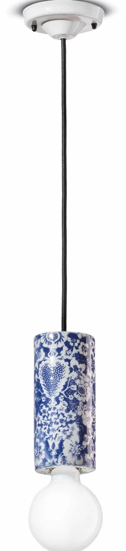 Best Ferroluce Hängelampe Keramik E27 D: 8 cm Blau Muster rund Retro