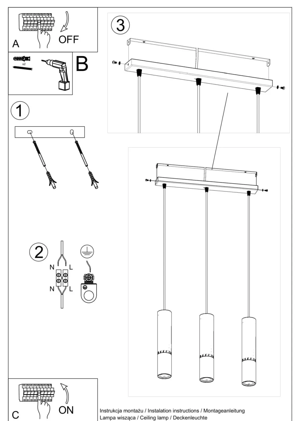 Sale Sollux Hängelampe Metall Schwarz Chrom 3-flammig verstellbar