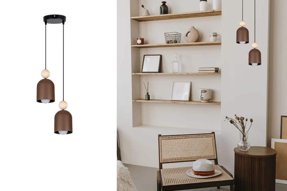 Belis Hängelampe Rostbraun Metall Holz 2-flmg E27 Ø21 cm rund* Hängelampen|Bürolampen