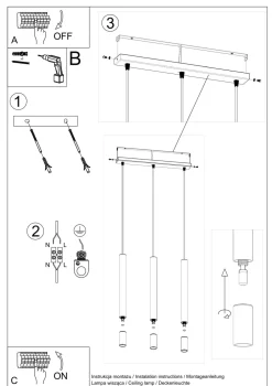 Sollux Hängelampe Schwarz Metall Glas 3-flammig G9 schmal* Moderne Lampen|Wohnzimmerlampen
