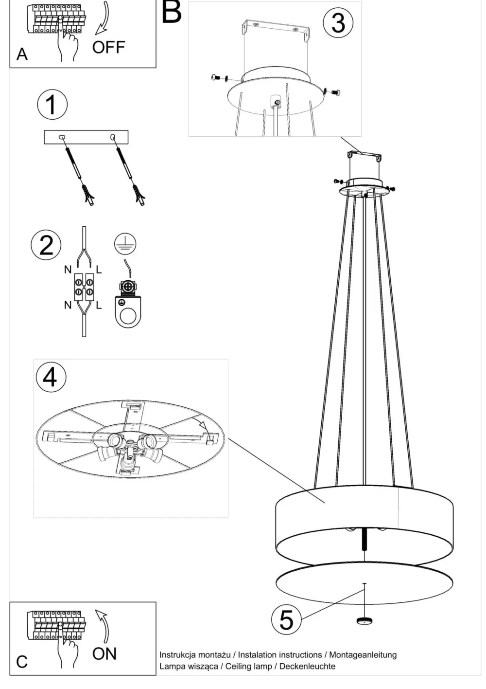 Sollux Hängelampe Stoff Glas Ø 50 cm rund Weiß 5x E27 ZIROLI