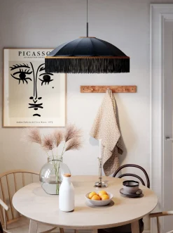 Hot By Rydéns Hängelampe Stoffschirm Fransen D: 60 cm Schwarz Gold E27